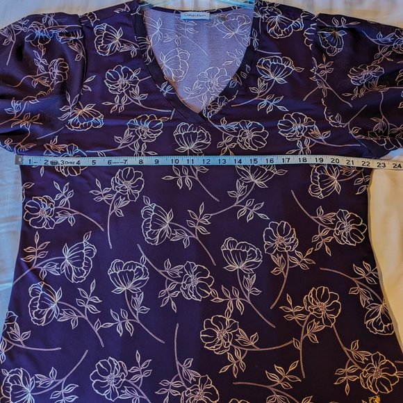 Calvin Klein Burgundy/Plum Floral V-neck Blouse - Picture 8 of 8